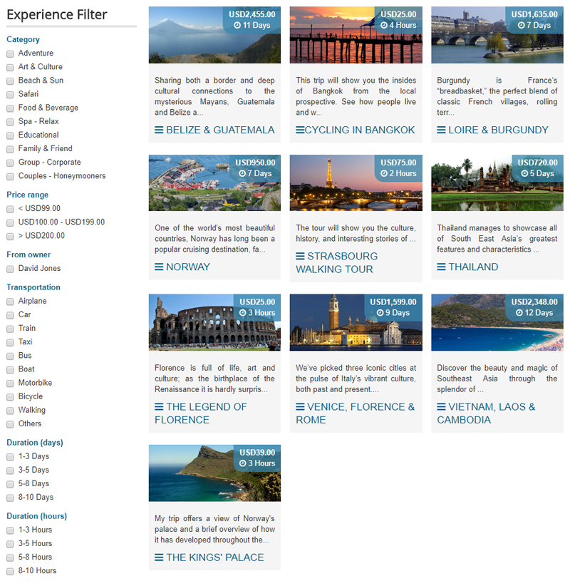 Experience (Tour & Activities) Filters