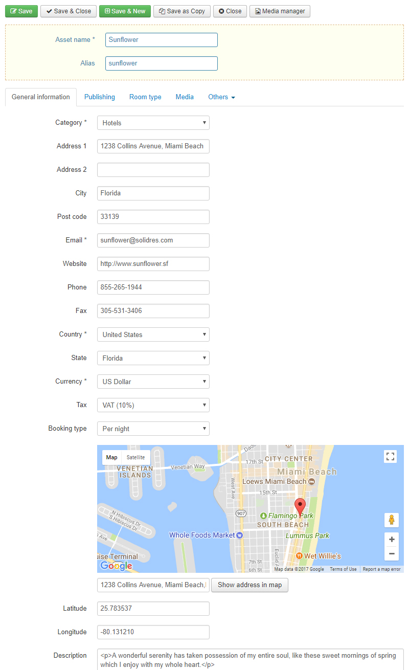 The frontend reservation asset edit screen